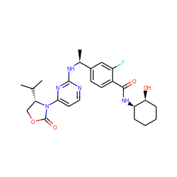 CC(C)[C@H]1COC(=O)N1c1ccnc(N[C@@H](C)c2ccc(C(=O)N[C@@H]3CCCC[C@@H]3O)c(F)c2)n1 ZINC000142115340