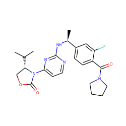 CC(C)[C@H]1COC(=O)N1c1ccnc(N[C@@H](C)c2ccc(C(=O)N3CCCC3)c(F)c2)n1 ZINC000142072825