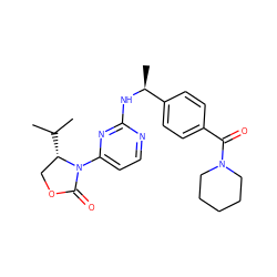 CC(C)[C@H]1COC(=O)N1c1ccnc(N[C@@H](C)c2ccc(C(=O)N3CCCCC3)cc2)n1 ZINC000142109619