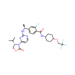 CC(C)[C@H]1COC(=O)N1c1ccnc(N[C@@H](C)c2ccc(C(=O)NC3CCC(OCC(F)(F)F)CC3)c(F)c2)n1 ZINC000142061175