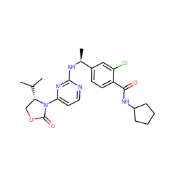 CC(C)[C@H]1COC(=O)N1c1ccnc(N[C@@H](C)c2ccc(C(=O)NC3CCCC3)c(Cl)c2)n1 ZINC000205159166