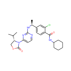 CC(C)[C@H]1COC(=O)N1c1ccnc(N[C@@H](C)c2ccc(C(=O)NC3CCCCC3)c(Cl)c2)n1 ZINC000221304990