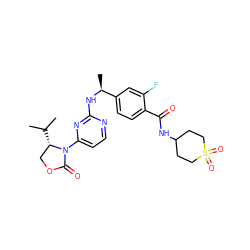 CC(C)[C@H]1COC(=O)N1c1ccnc(N[C@@H](C)c2ccc(C(=O)NC3CCS(=O)(=O)CC3)c(F)c2)n1 ZINC000142115099