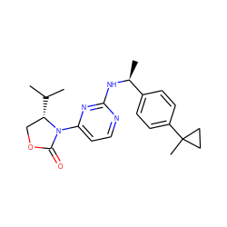 CC(C)[C@H]1COC(=O)N1c1ccnc(N[C@@H](C)c2ccc(C3(C)CC3)cc2)n1 ZINC000221307961