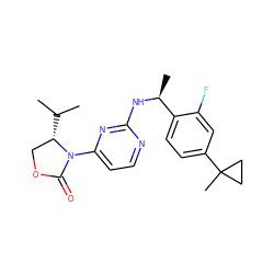 CC(C)[C@H]1COC(=O)N1c1ccnc(N[C@@H](C)c2ccc(C3(C)CC3)cc2F)n1 ZINC000205159128