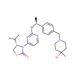 CC(C)[C@H]1COC(=O)N1c1ccnc(N[C@@H](C)c2ccc(CN3CCC(C)(O)CC3)cc2)n1 ZINC000222611981