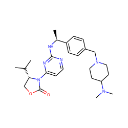 CC(C)[C@H]1COC(=O)N1c1ccnc(N[C@@H](C)c2ccc(CN3CCC(N(C)C)CC3)cc2)n1 ZINC000205141480