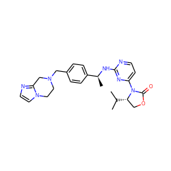 CC(C)[C@H]1COC(=O)N1c1ccnc(N[C@@H](C)c2ccc(CN3CCn4ccnc4C3)cc2)n1 ZINC000218483853