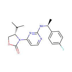 CC(C)[C@H]1COC(=O)N1c1ccnc(N[C@@H](C)c2ccc(F)cc2)n1 ZINC000142095142