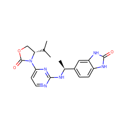 CC(C)[C@H]1COC(=O)N1c1ccnc(N[C@@H](C)c2ccc3[nH]c(=O)[nH]c3c2)n1 ZINC000220699687