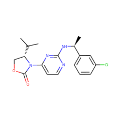 CC(C)[C@H]1COC(=O)N1c1ccnc(N[C@@H](C)c2cccc(Cl)c2)n1 ZINC000142144965