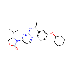 CC(C)[C@H]1COC(=O)N1c1ccnc(N[C@@H](C)c2cccc(OC3CCCCC3)c2)n1 ZINC000221305758