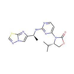 CC(C)[C@H]1COC(=O)N1c1ccnc(N[C@@H](C)c2cn3ncsc3n2)n1 ZINC000221130502