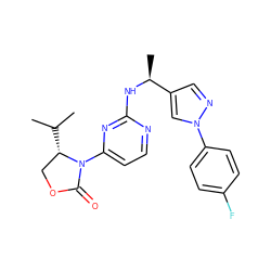 CC(C)[C@H]1COC(=O)N1c1ccnc(N[C@@H](C)c2cnn(-c3ccc(F)cc3)c2)n1 ZINC000142120092