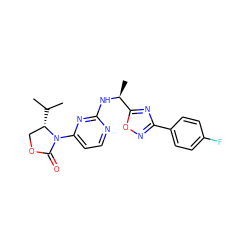 CC(C)[C@H]1COC(=O)N1c1ccnc(N[C@@H](C)c2nc(-c3ccc(F)cc3)no2)n1 ZINC000205147844