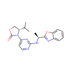 CC(C)[C@H]1COC(=O)N1c1ccnc(N[C@@H](C)c2nc3ccccc3o2)n1 ZINC000142112393