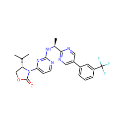 CC(C)[C@H]1COC(=O)N1c1ccnc(N[C@@H](C)c2ncc(-c3cccc(C(F)(F)F)c3)cn2)n1 ZINC000205156377