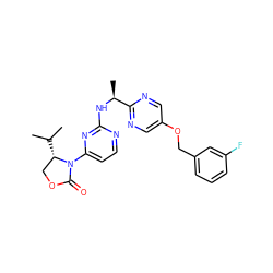 CC(C)[C@H]1COC(=O)N1c1ccnc(N[C@@H](C)c2ncc(OCc3cccc(F)c3)cn2)n1 ZINC000221128754