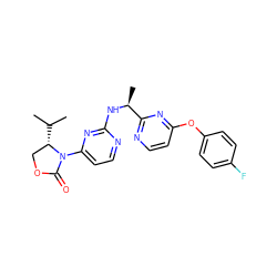 CC(C)[C@H]1COC(=O)N1c1ccnc(N[C@@H](C)c2nccc(Oc3ccc(F)cc3)n2)n1 ZINC000221129074