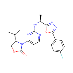 CC(C)[C@H]1COC(=O)N1c1ccnc(N[C@@H](C)c2nnc(-c3ccc(F)cc3)o2)n1 ZINC000205145516