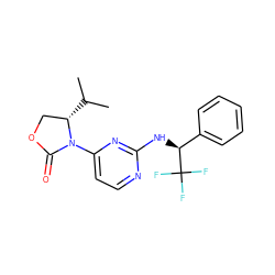 CC(C)[C@H]1COC(=O)N1c1ccnc(N[C@@H](c2ccccc2)C(F)(F)F)n1 ZINC000218478422