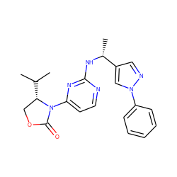 CC(C)[C@H]1COC(=O)N1c1ccnc(N[C@H](C)c2cnn(-c3ccccc3)c2)n1 ZINC000218480386