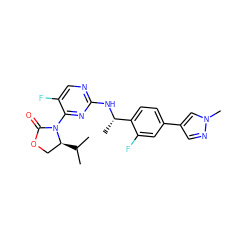 CC(C)[C@H]1COC(=O)N1c1nc(N[C@@H](C)c2ccc(-c3cnn(C)c3)cc2F)ncc1F ZINC000221305163