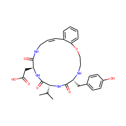 CC(C)[C@H]1NC(=O)[C@@H](Cc2ccc(O)cc2)NCCOc2ccccc2/C=C/CNC(=O)[C@H](CC(=O)O)NC1=O ZINC000036160620