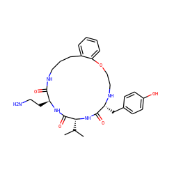 CC(C)[C@H]1NC(=O)[C@@H](Cc2ccc(O)cc2)NCCOc2ccccc2CCCNC(=O)[C@H](CCN)NC1=O ZINC000028823443