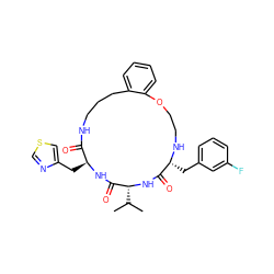 CC(C)[C@H]1NC(=O)[C@@H](Cc2cccc(F)c2)NCCOc2ccccc2CCCNC(=O)[C@H](Cc2cscn2)NC1=O ZINC000028823474