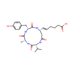 CC(C)[C@H]1NC(=O)C[C@@H](/C=C/CCCC(=O)O)NC(=O)[C@@H](Cc2ccc(O)cc2)NC(=O)[C@@H](C)NC1=O ZINC000299823449