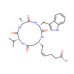 CC(C)[C@H]1NC(=O)C[C@@H](C/C=C\CCC(=O)O)NC(=O)[C@@H](Cc2c[nH]c3ccccc23)NC(=O)[C@@H](C)NC1=O ZINC000299837020