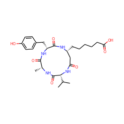 CC(C)[C@H]1NC(=O)C[C@@H](CCCCCC(=O)O)NC(=O)[C@@H](Cc2ccc(O)cc2)NC(=O)[C@@H](C)NC1=O ZINC000299838797