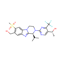 CC(C)[C@H]1c2nc3cc(CO)c(S(C)(=O)=O)cc3n2CCN1c1ncc([C@@H](C)O)c(C(F)(F)F)n1 ZINC000147825212