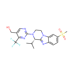 CC(C)[C@H]1c2nc3ccc(S(C)(=O)=O)cc3n2CCN1c1ncc(CO)c(C(F)(F)F)n1 ZINC000147709880