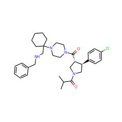 CC(C)C(=O)N1C[C@H](c2ccc(Cl)cc2)[C@@H](C(=O)N2CCN(C3(CNCc4ccccc4)CCCCC3)CC2)C1 ZINC000028953921