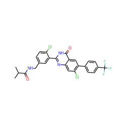 CC(C)C(=O)NCc1ccc(Cl)c(-c2nc3cc(Cl)c(-c4ccc(C(F)(F)F)cc4)cc3c(=O)[nH]2)c1 ZINC000299831251