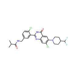 CC(C)C(=O)NCc1ccc(Cl)c(-c2nc3cc(Cl)c(N4CCC(C(F)F)CC4)cc3c(=O)[nH]2)c1 ZINC000299833117