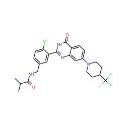 CC(C)C(=O)NCc1ccc(Cl)c(-c2nc3cc(N4CCC(C(F)(F)F)CC4)ccc3c(=O)[nH]2)c1 ZINC000299837917