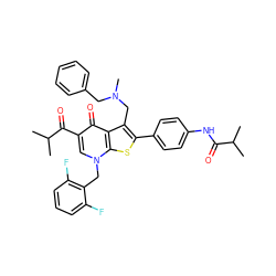 CC(C)C(=O)Nc1ccc(-c2sc3c(c2CN(C)Cc2ccccc2)c(=O)c(C(=O)C(C)C)cn3Cc2c(F)cccc2F)cc1 ZINC000049938374