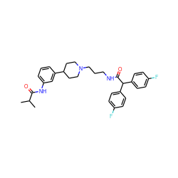 CC(C)C(=O)Nc1cccc(C2CCN(CCCNC(=O)C(c3ccc(F)cc3)c3ccc(F)cc3)CC2)c1 ZINC000028710137