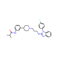 CC(C)C(=O)Nc1cccc(C2CCN(CCCNc3nc4ccccc4n3-c3ccc(F)cc3)CC2)c1 ZINC000058583611