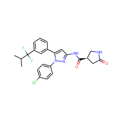 CC(C)C(F)(F)c1cccc(-c2cc(NC(=O)[C@H]3CNC(=O)C3)nn2-c2ccc(Cl)cc2)c1 ZINC000169707097