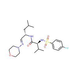 CC(C)C[C@@H](/C=N/N1CCOCC1)NC(=O)[C@@H](NS(=O)(=O)c1ccc(F)cc1)C(C)C ZINC000013442648