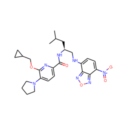 CC(C)C[C@@H](CNc1ccc([N+](=O)[O-])c2nonc12)NC(=O)c1ccc(N2CCCC2)c(OCC2CC2)n1 ZINC000219242969