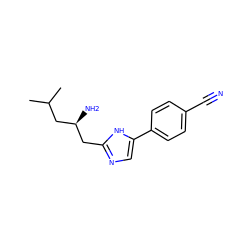 CC(C)C[C@@H](N)Cc1ncc(-c2ccc(C#N)cc2)[nH]1 ZINC001772627833