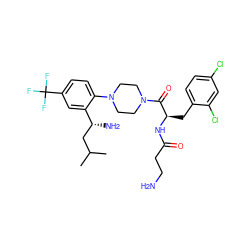 CC(C)C[C@@H](N)c1cc(C(F)(F)F)ccc1N1CCN(C(=O)[C@@H](Cc2ccc(Cl)cc2Cl)NC(=O)CCN)CC1 ZINC000028825739