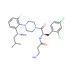 CC(C)C[C@@H](N)c1cccc(F)c1N1CCN(C(=O)[C@@H](Cc2ccc(Cl)cc2Cl)NC(=O)CCN)CC1 ZINC000028825754