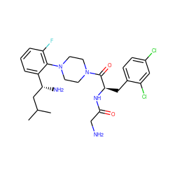 CC(C)C[C@@H](N)c1cccc(F)c1N1CCN(C(=O)[C@@H](Cc2ccc(Cl)cc2Cl)NC(=O)CN)CC1 ZINC000028825751