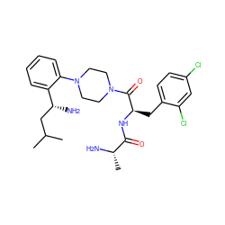 CC(C)C[C@@H](N)c1ccccc1N1CCN(C(=O)[C@@H](Cc2ccc(Cl)cc2Cl)NC(=O)[C@H](C)N)CC1 ZINC000045498448